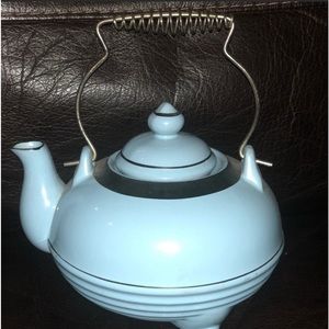 - Vintage Redware Pottery Tea Pot with Wire Handle, old baby blue kitchen teapot